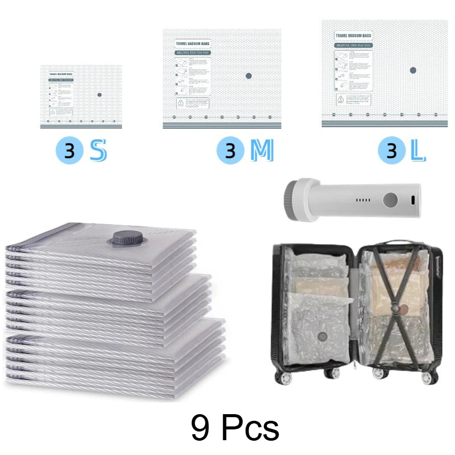 Travel Vacuum Storage Bag Set with Rechargeable Air Pump for Carry-On Suitcases Powerful Air Handheld Pump Waterproof Reusable