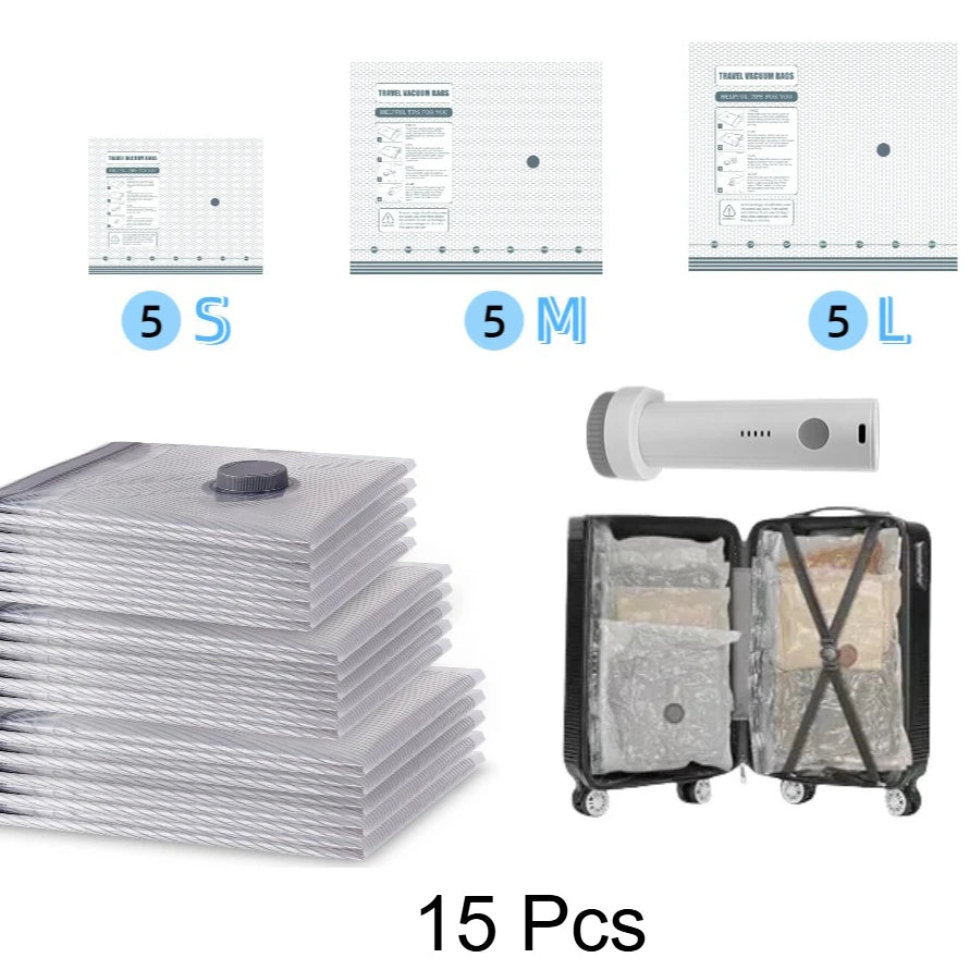 Travel Vacuum Storage Bag Set with Rechargeable Air Pump for Carry-On Suitcases Powerful Air Handheld Pump Waterproof Reusable