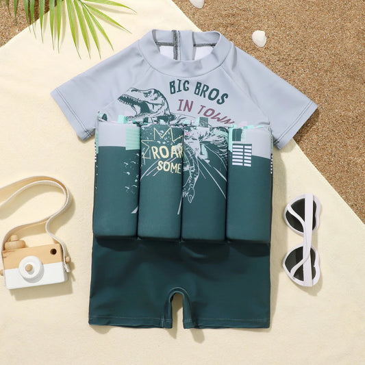 Kids Float Swimsuit Boys Dinosaur Print Buoyancy Swimwear Short Sleeve Floating Bathing Suit Toddler Water Sports Beach Wear