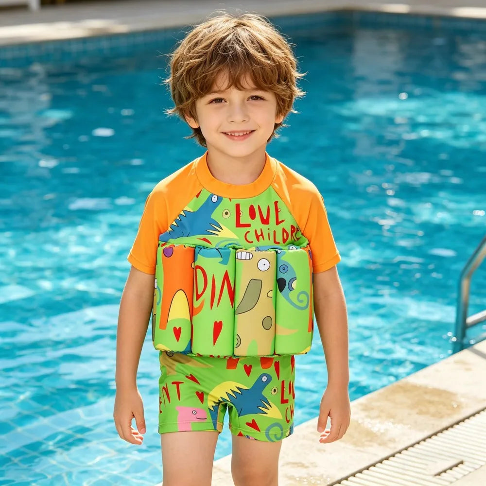 Kids Float Swimsuit Boys Dinosaur Print Buoyancy Swimwear Short Sleeve Floating Bathing Suit Toddler Water Sports Beach Wear
