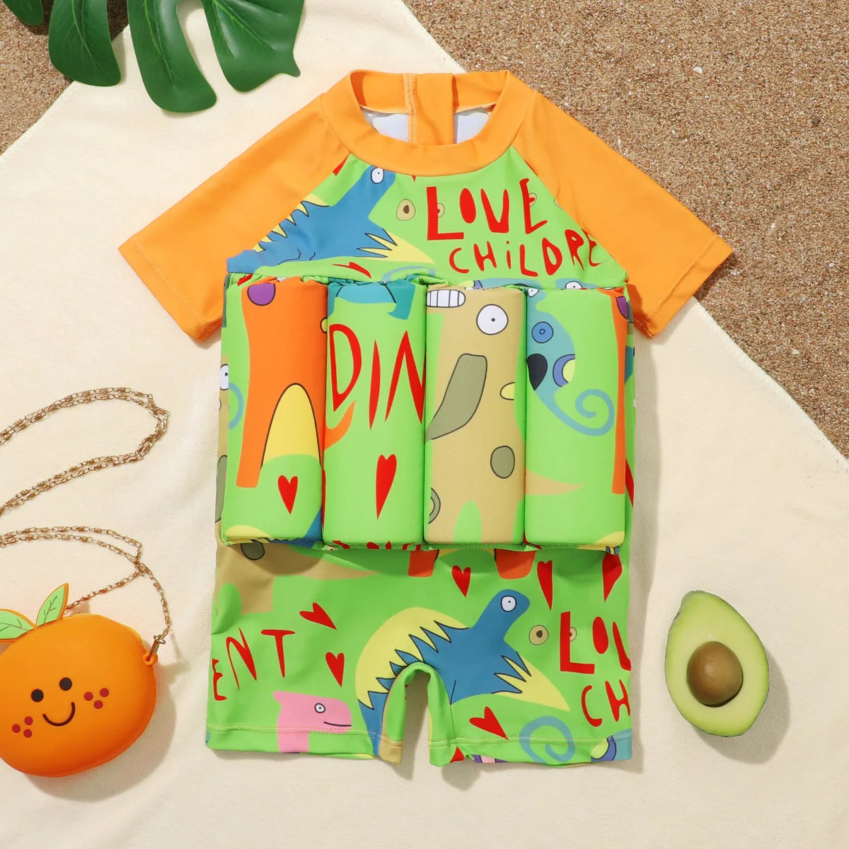 Kids Float Swimsuit Boys Dinosaur Print Buoyancy Swimwear Short Sleeve Floating Bathing Suit Toddler Water Sports Beach Wear