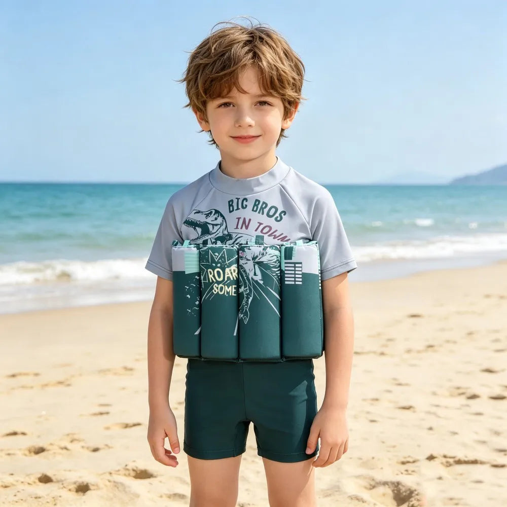 Kids Float Swimsuit Boys Dinosaur Print Buoyancy Swimwear Short Sleeve Floating Bathing Suit Toddler Water Sports Beach Wear