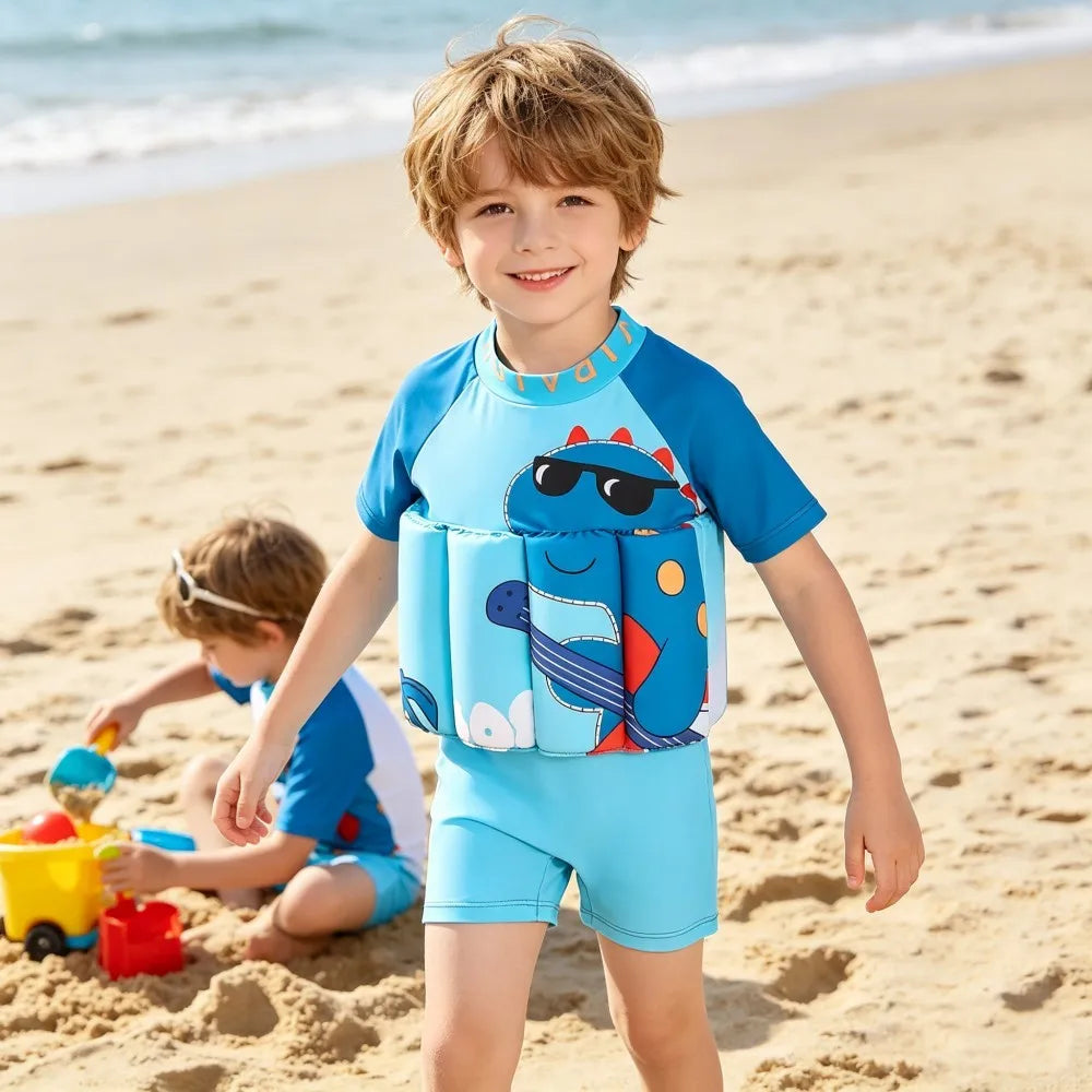 Kids Float Swimsuit Boys Dinosaur Print Buoyancy Swimwear Short Sleeve Floating Bathing Suit Toddler Water Sports Beach Wear