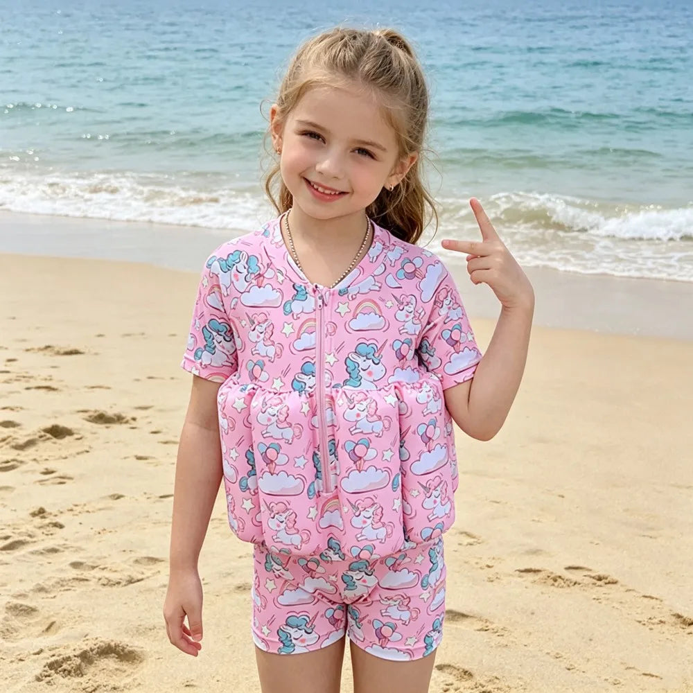 Kids Float Swimsuit Boys Dinosaur Print Buoyancy Swimwear Short Sleeve Floating Bathing Suit Toddler Water Sports Beach Wear