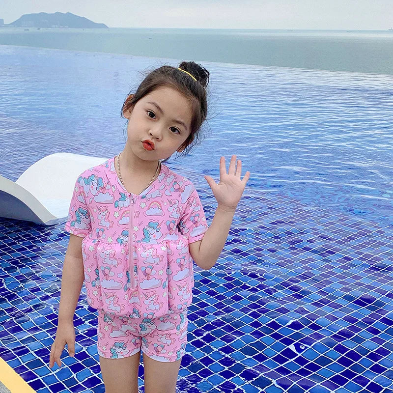 Kids Float Swimsuit Boys Dinosaur Print Buoyancy Swimwear Short Sleeve Floating Bathing Suit Toddler Water Sports Beach Wear