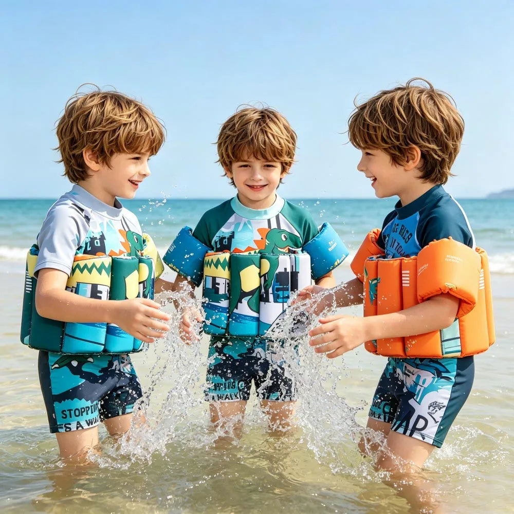 Kids Float Swimsuit Boys Dinosaur Print Buoyancy Swimwear Short Sleeve Floating Bathing Suit Toddler Water Sports Beach Wear