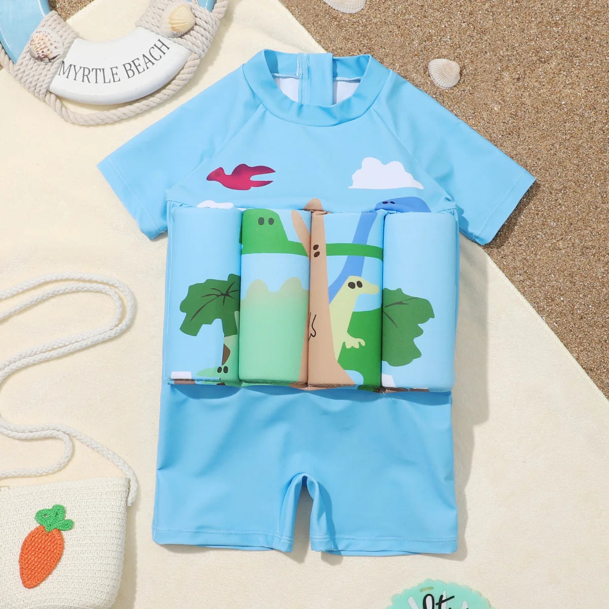 Kids Float Swimsuit Boys Dinosaur Print Buoyancy Swimwear Short Sleeve Floating Bathing Suit Toddler Water Sports Beach Wear