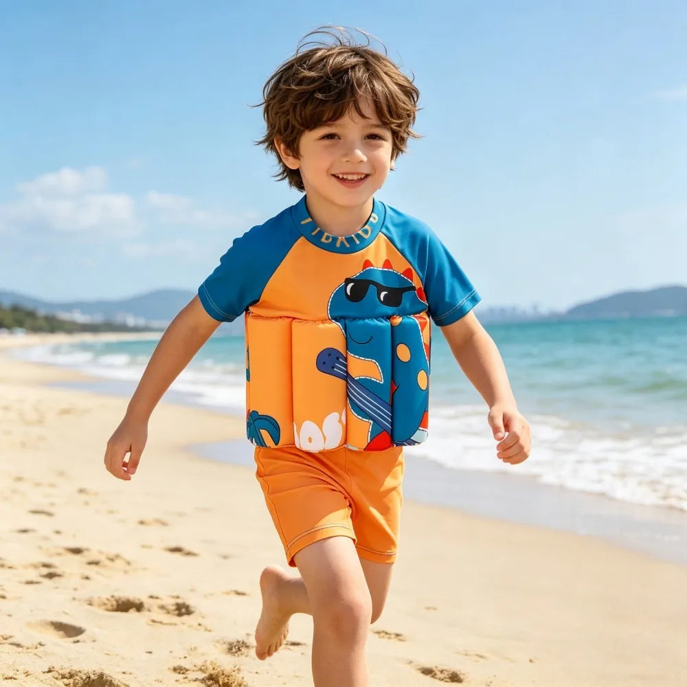 Kids Float Swimsuit Boys Dinosaur Print Buoyancy Swimwear Short Sleeve Floating Bathing Suit Toddler Water Sports Beach Wear