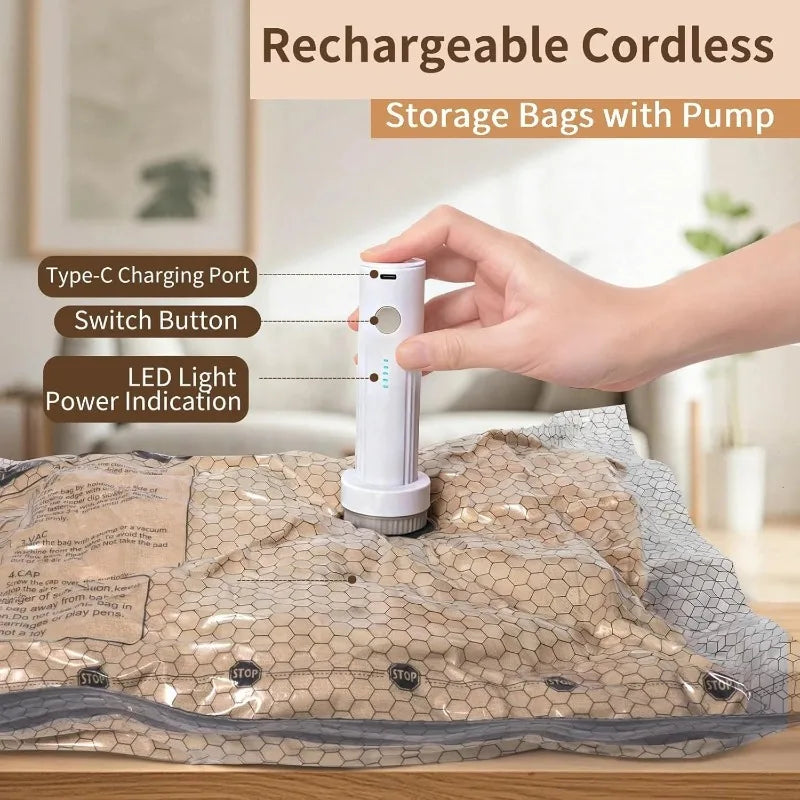 Travel Vacuum Storage Bag Set with Rechargeable Air Pump for Carry-On Suitcases Powerful Air Handheld Pump Waterproof Reusable