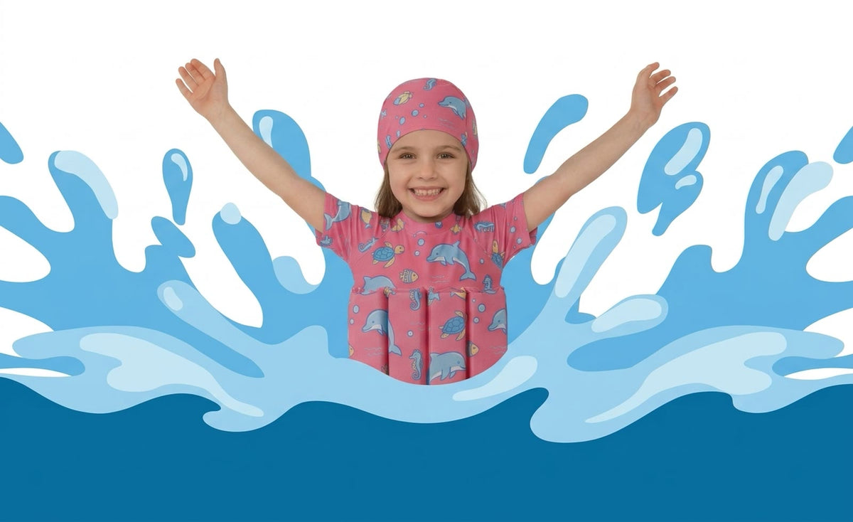 Nina saltando al agua con su traje flotador